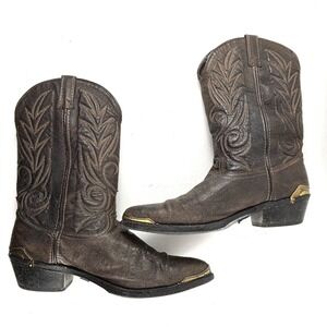 ACME VTG Mens Dark Brown Leather Western Cowboy Boots Pointed Toe Metal Accent